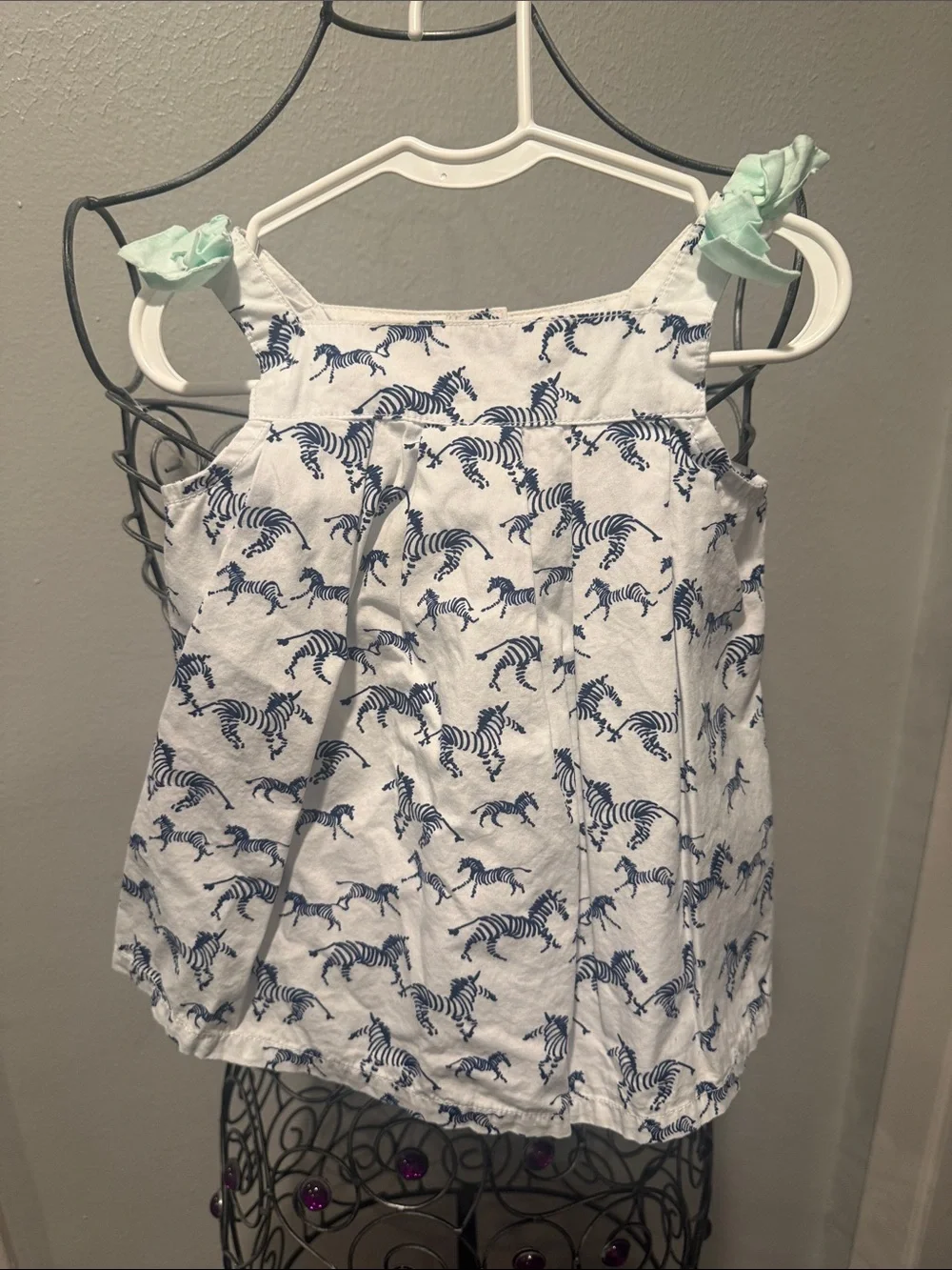 Gymboree White Tank Top with Navy Zebra Print and Mint Tie Straps